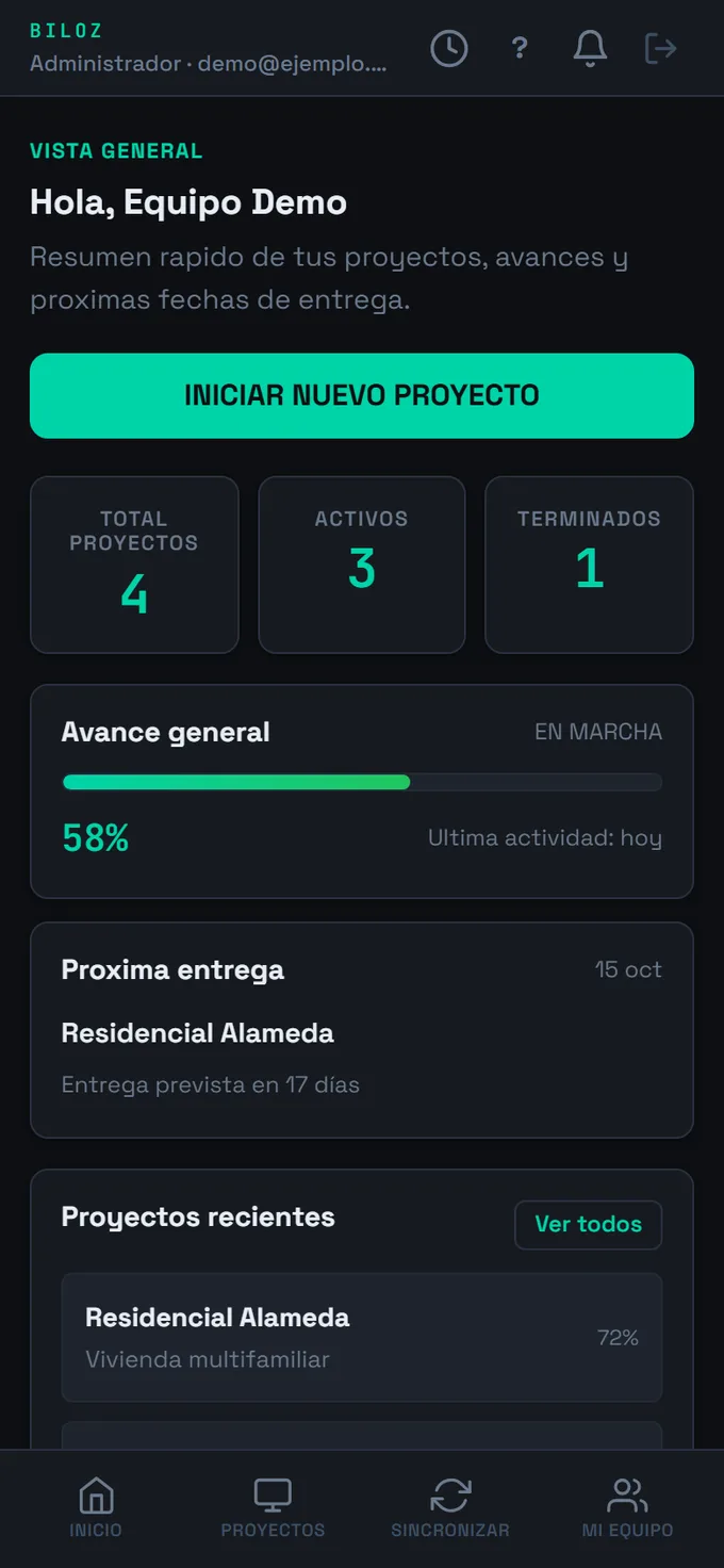 Panel móvil de Biloz con resumen de proyectos y avance de obras
