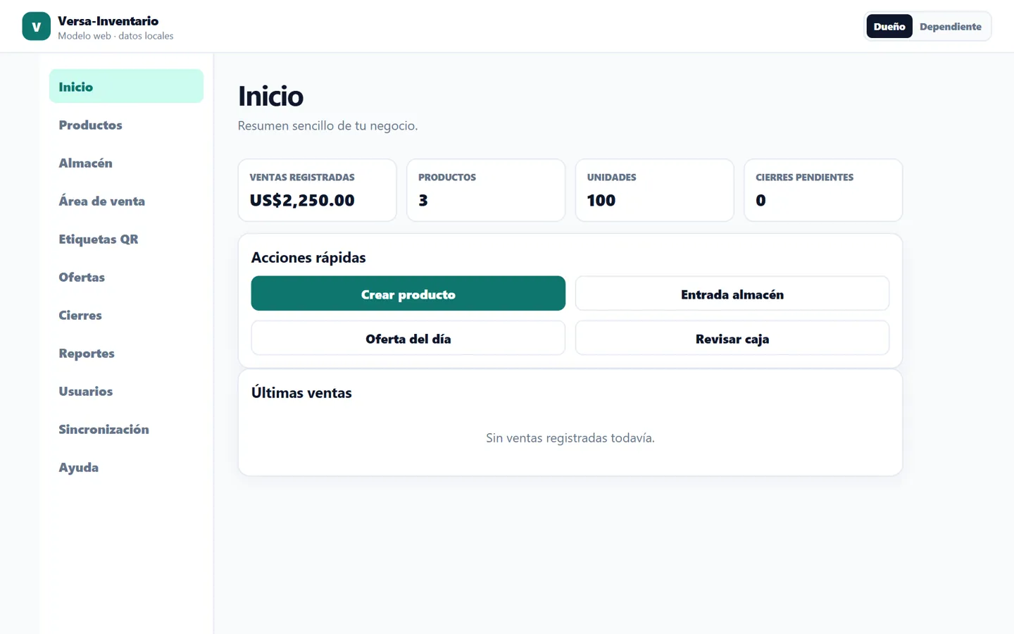 Panel de inicio de Versa-Inventario con ventas registradas, productos, unidades, cierres pendientes y acciones rápidas