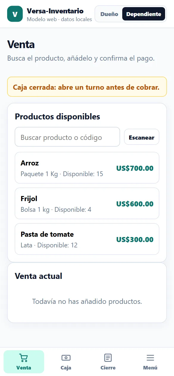 Pantalla de venta de Versa-Inventario en un teléfono, con la barra inferior de navegación